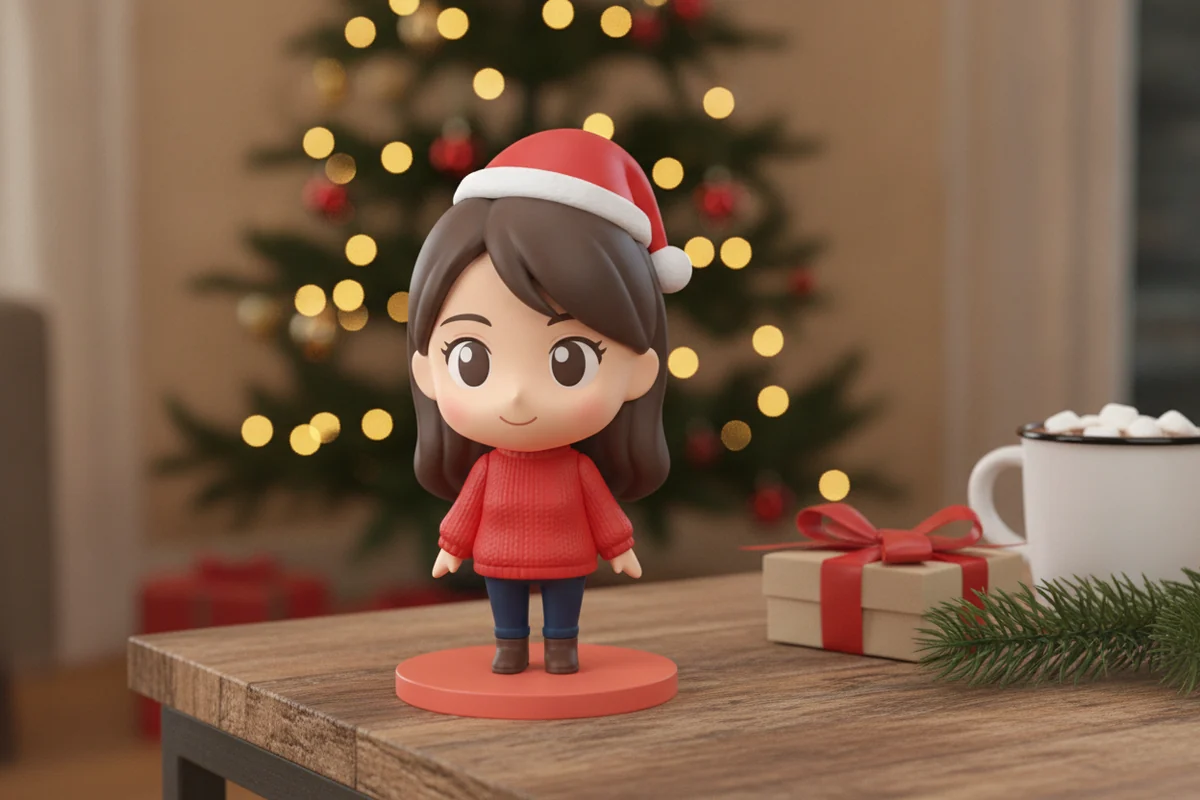 クリスマスツリーの前で、赤いセーターとサンタ帽のちびフィギュアがプレゼントの箱と並ぶ