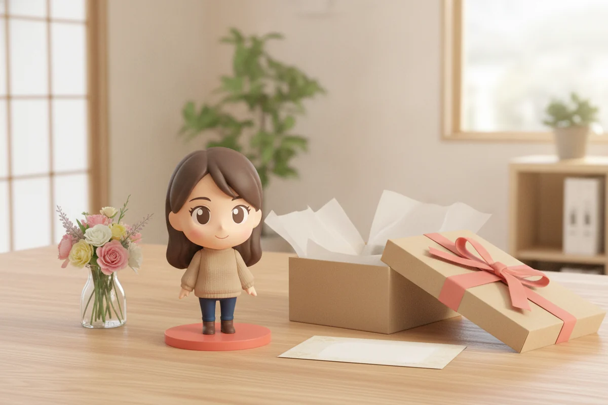 リボン付きのギフトボックスと小さな花束の横に立つ、写真から作ったちびフィギュア