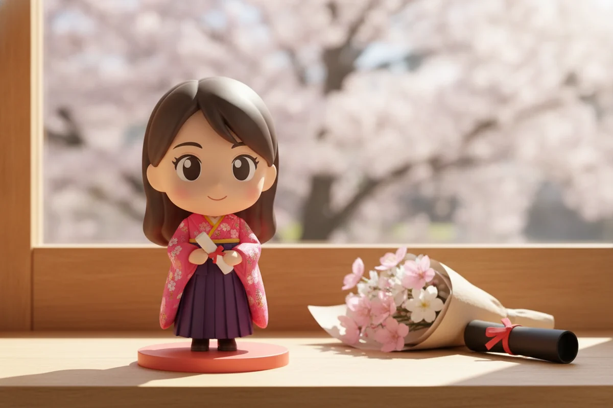 桜の見える窓辺で、袴姿のちびフィギュアが卒業証書の筒と花束に並ぶ
