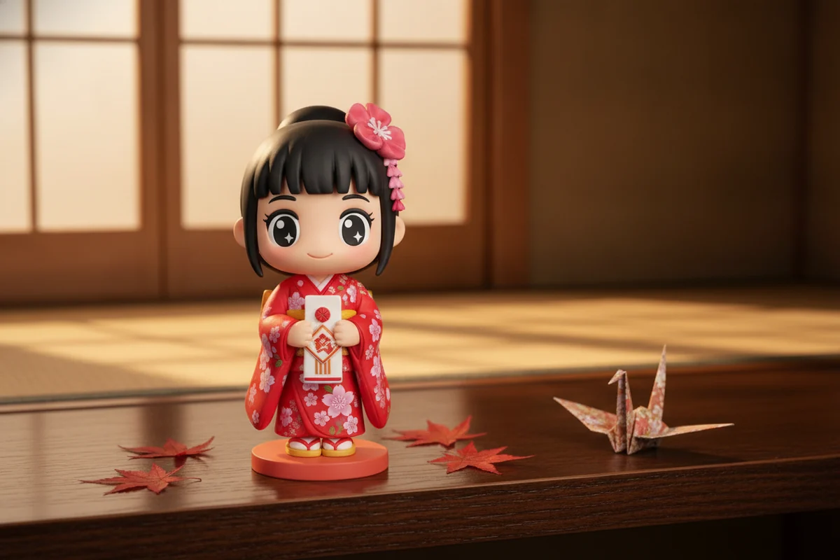 紅葉と折り鶴を添えた、晴れ着姿の七五三のちびフィギュア